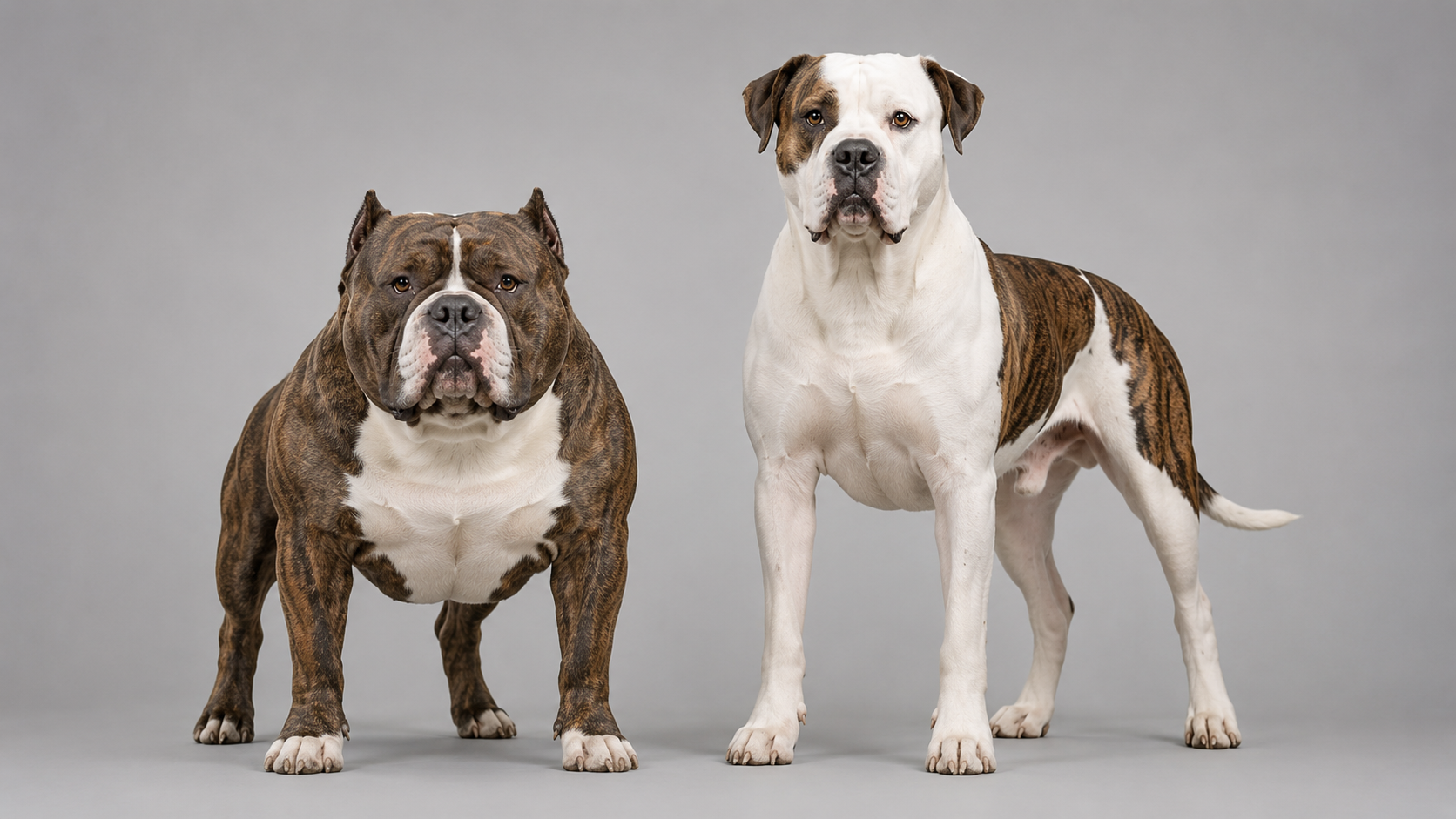 American Bully (left) standing next to an American Bulldog (right). Side-by-side comparison showing the difference in build, muzzle, ears, and body proportions.